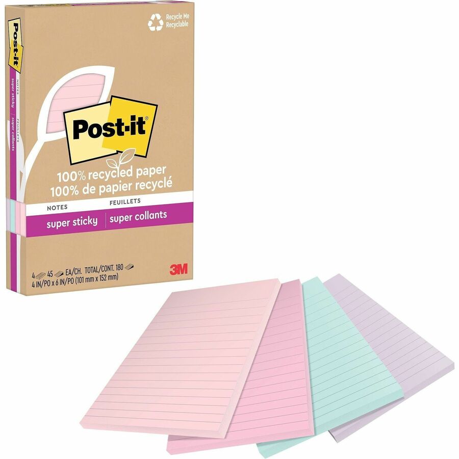 Post-it® 100% Recycled Paper Super Sticky Notes, 4 in x 6 in Lined, Wanderlust Pastels Collection - 4621R-4SSNRP