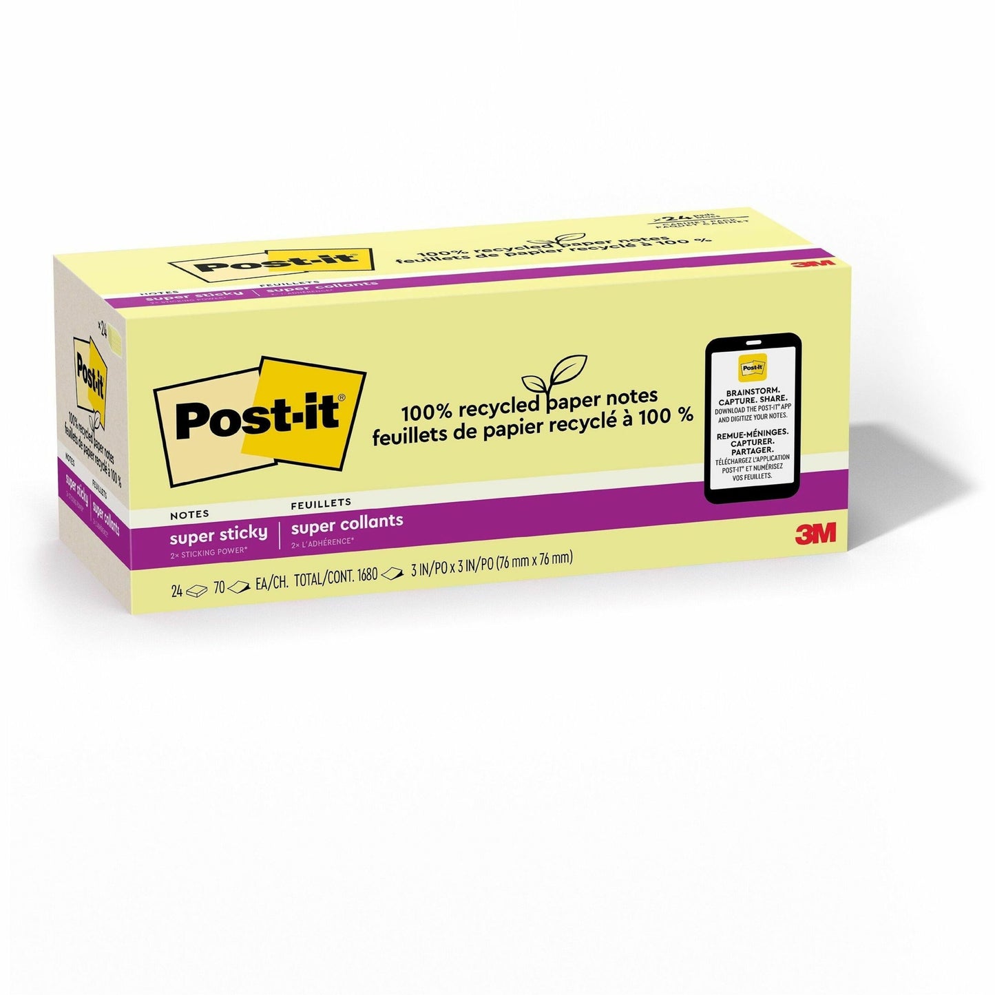 Post-it® 100% Recycled Paper Super Sticky Notes, 3 in x 3 in, Canary Yellow