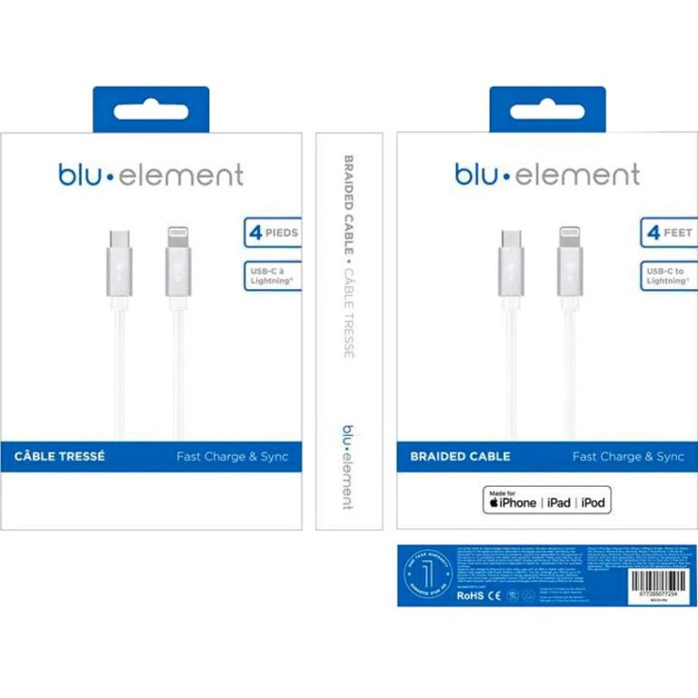 Blu Element Braided Charge/Sync USB-C to Lightning 4ft White - BEC2L4W