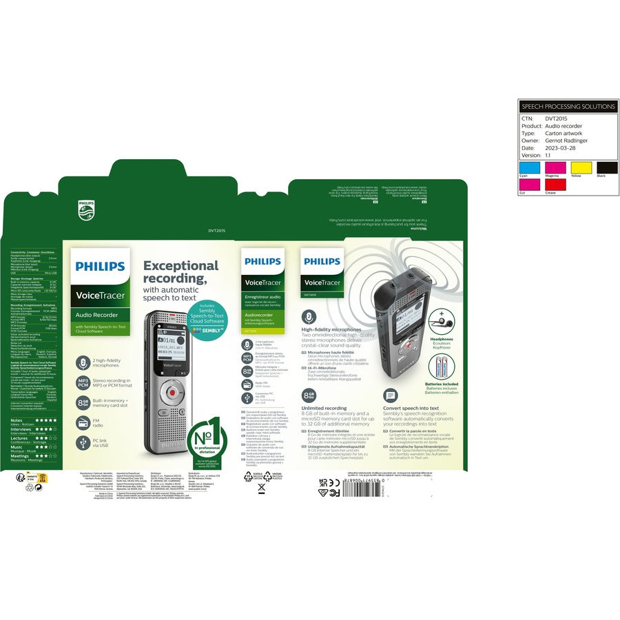 Philips VoiceTracer DVT2015 8GB Voice Recorder with Sembly Cloud Speech-to-Text Software - DVT2015