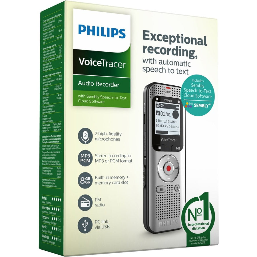 Philips VoiceTracer DVT2015 8GB Voice Recorder with Sembly Cloud Speech-to-Text Software - DVT2015