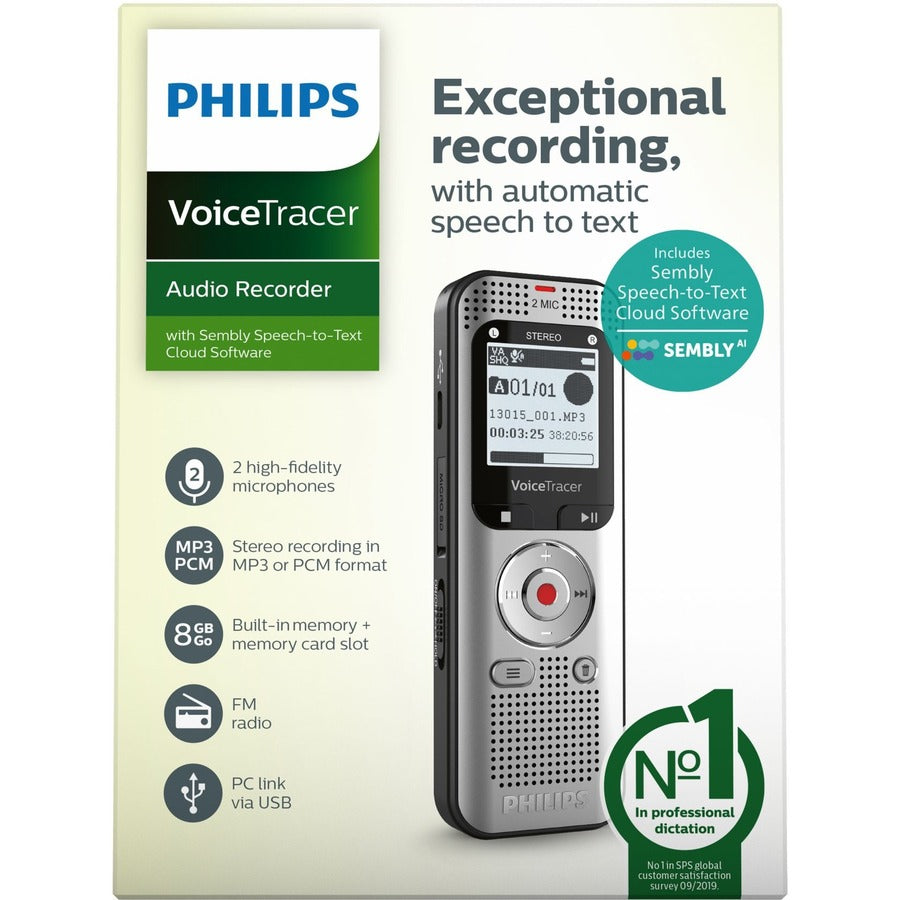 Philips VoiceTracer DVT2015 8GB Voice Recorder with Sembly Cloud Speech-to-Text Software - DVT2015