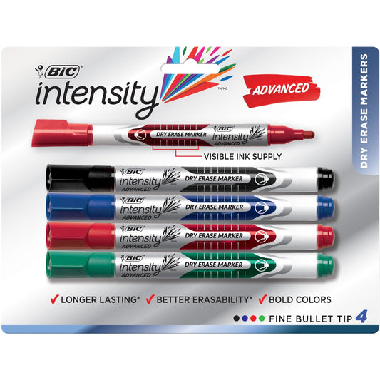 BIC Intensity Advanced Colourful Dry Erase Markers, Bullet Tip, 4-Count Pack of Assorted Colours, Whiteboard Markers for Teachers and Office Supplies
