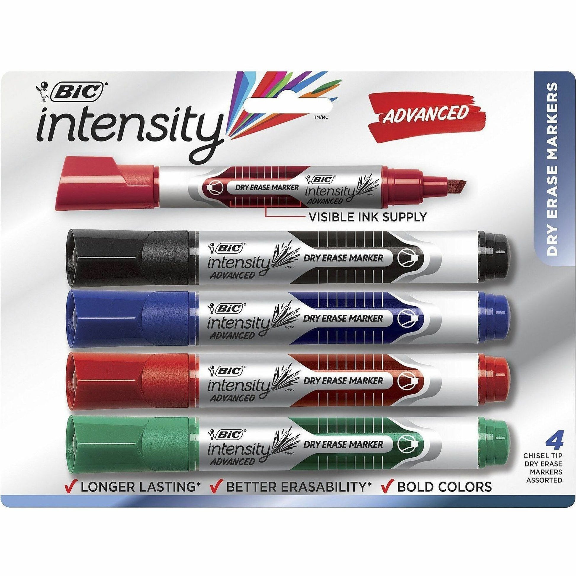 BIC Intensity Advanced Dry Erase Markers, Tank Style, Chisel Tip, Assorted colours, 4-Count Pack, Dry Erase Markers for College Supplies and School Supplies