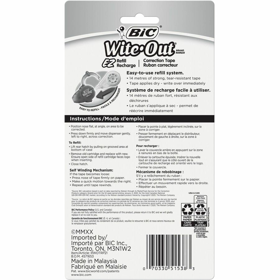 BIC Wite-Out Brand EZ Correct Correction Tape Refills, 11.9 Meters, 2-Count Pack of Correction Tape Refills, Fast, Clean and Easy to Use Tear-Resistant Tape Office or School Supplies - RWOTRP21-WHI-CA