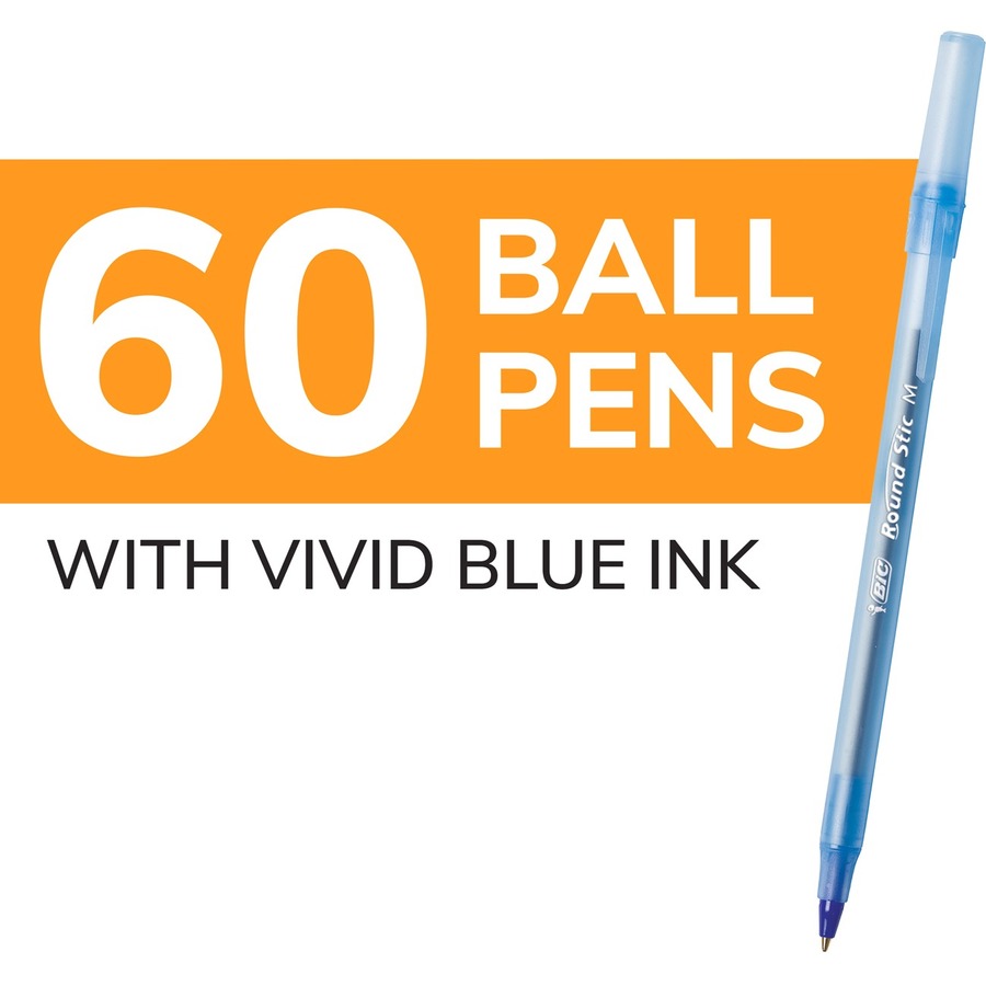 BIC Round Stic Extra Life Blue Ballpoint Pens, Medium Point (1.0 mm), 60-Count Pack of Bulk Pens, Flexible Round Barrel for Writing Comfort, No. 1 Selling Ballpoint Pens - GSM609-BLU-CA