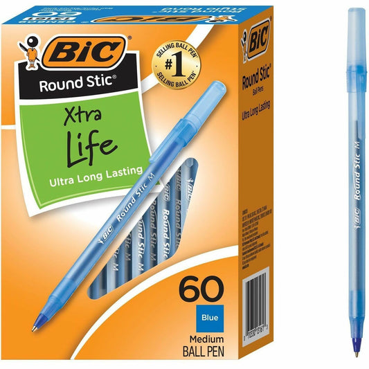 BIC Round Stic Extra Life Blue Ballpoint Pens, Medium Point (1.0 mm), 60-Count Pack of Bulk Pens, Flexible Round Barrel for Writing Comfort, No. 1 Selling Ballpoint Pens