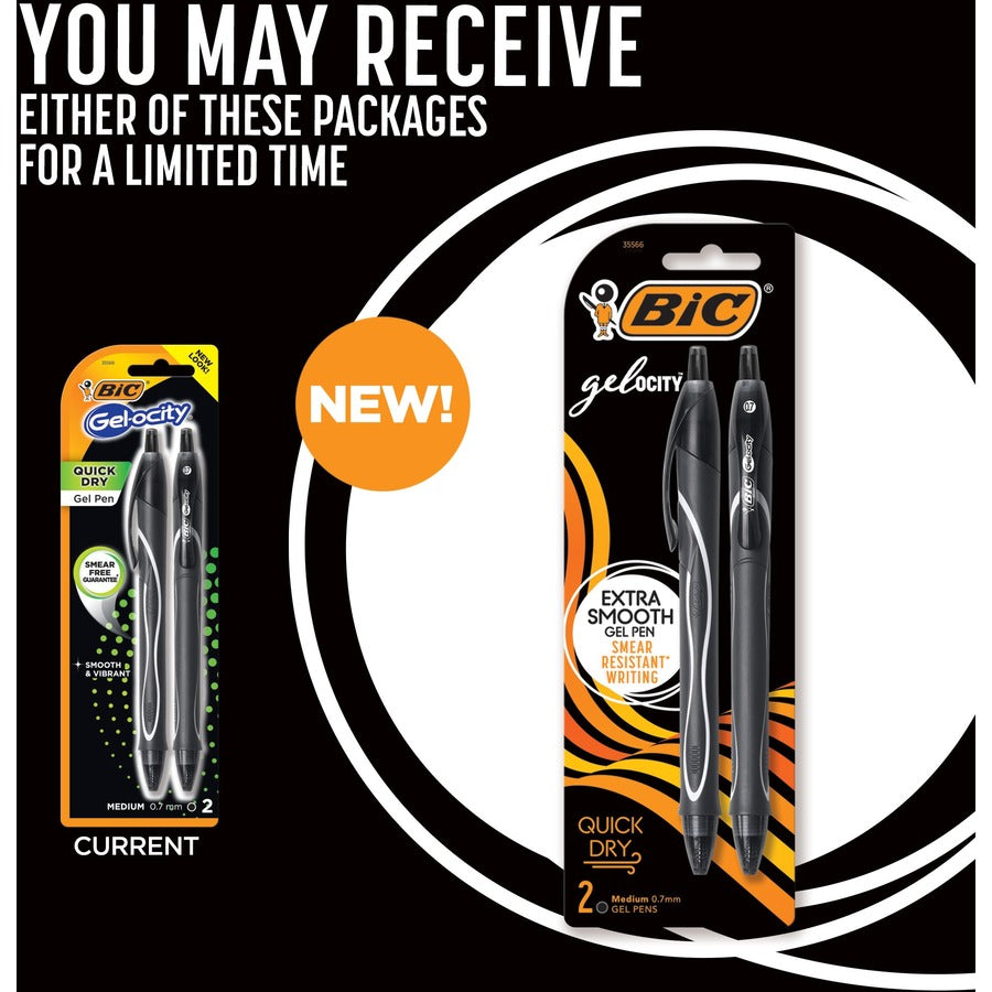 BIC Gel-ocity Quick Dry Black Gel Pens, Medium Point (0.7 mm), 2-Count Pack, Retractable Gel Pens With Comfortable Full Grip - RGLCGP21-BLK-CA