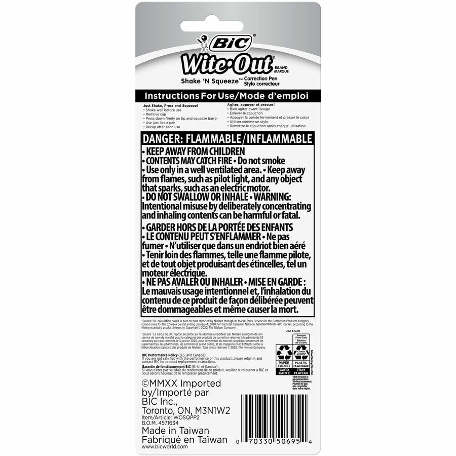 BIC Wite-Out Brand Shake 'n Squeeze Correction Pen, 8 ML Correction Fluid, 2-Count Pack of white Correction Pens, Fast, Clean and Easy to Use Pen Office or School Supplies - WOSQPP21-WHI-CA