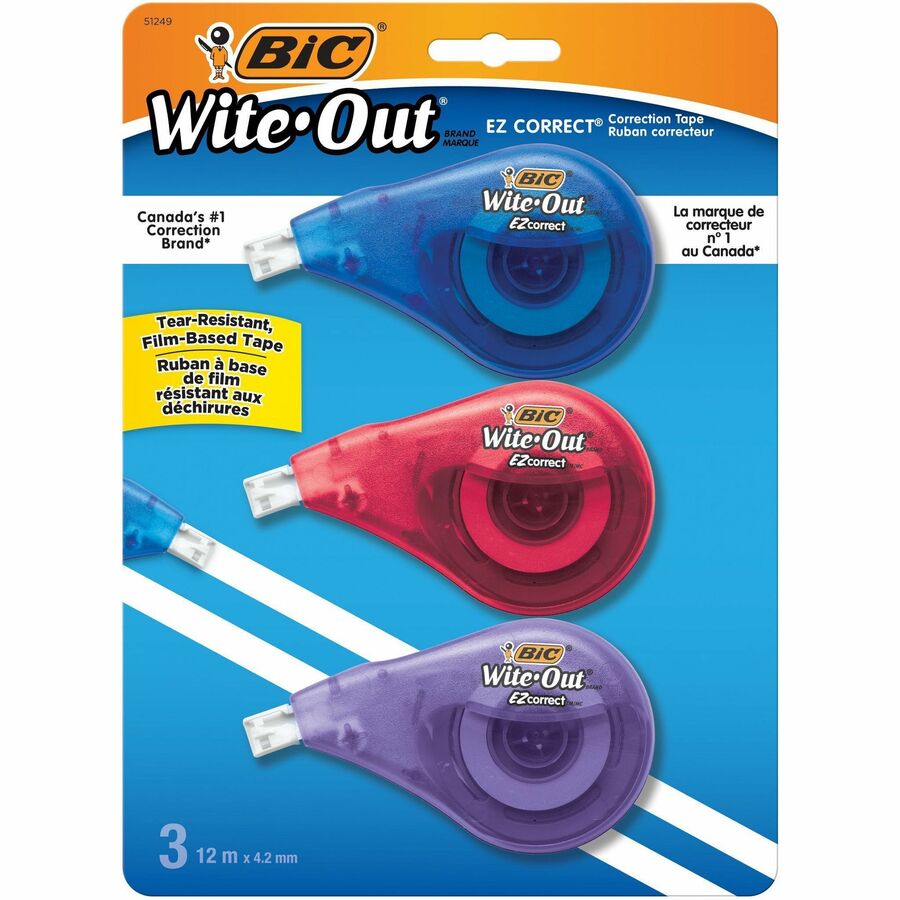 BIC Wite-Out Brand EZ Correct Correction Tape, 12 Metres, 3-Count Pack of white Correction Tape, Fast, Clean and Easy to Use Tear-Resistant Tape Office or School Supplies - WOTAPP31-WHI-CA