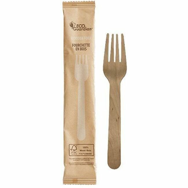 Eco Guardian 6.25" Wooden Fork, Individually Wrapped, Compostable - FSC 100% Certified