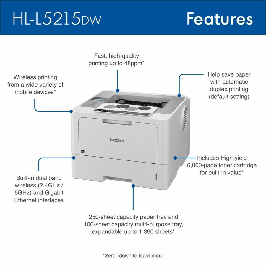 Brother HL-L5215DW Desktop Wireless Laser Printer - Monochrome - HL-L5215DW
