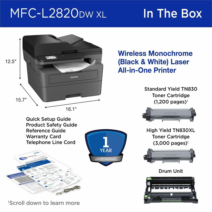 Brother MFC-L2820DWXL Wireless Laser Multifunction Printer - Monochrome - Gray - MFCL2820DWXL