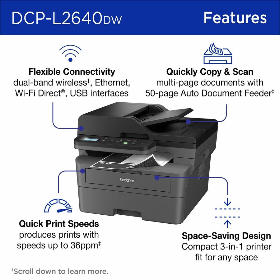 Brother DCP-L2640DW Wireless Laser Multifunction Printer - Monochrome - Gray - DCPL2640DW