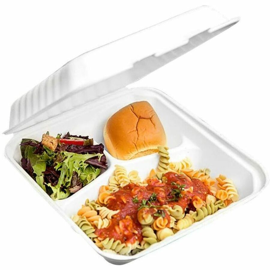 Globe 9" x 9" , 3 Compartment Storage Ware - , Microwave Safe - Oven Safe - White - Bagasse, Sugarcane Fiber Body - Square - 200/Case - 6015