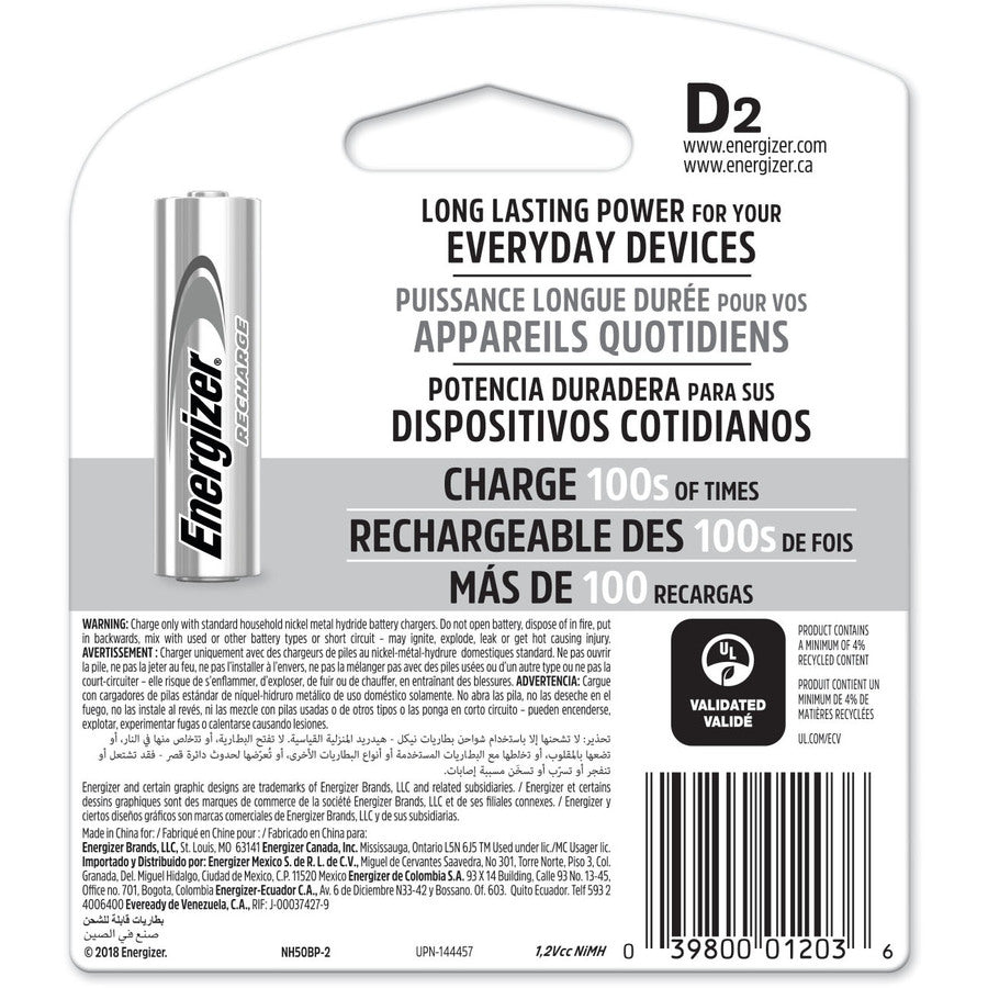 Energizer Recharge Universal Rechargeable D Batteries - NH50BP-2