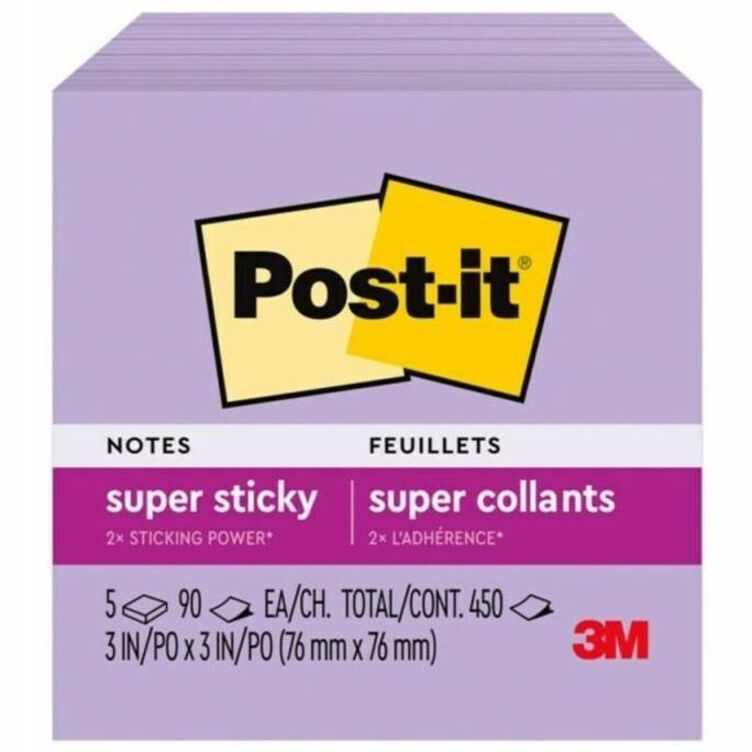 Post-it® Super Sticky Notes 654-5SSLV, 3 in x 3 in (76 mm x 76 mm) - 654-5SSLV