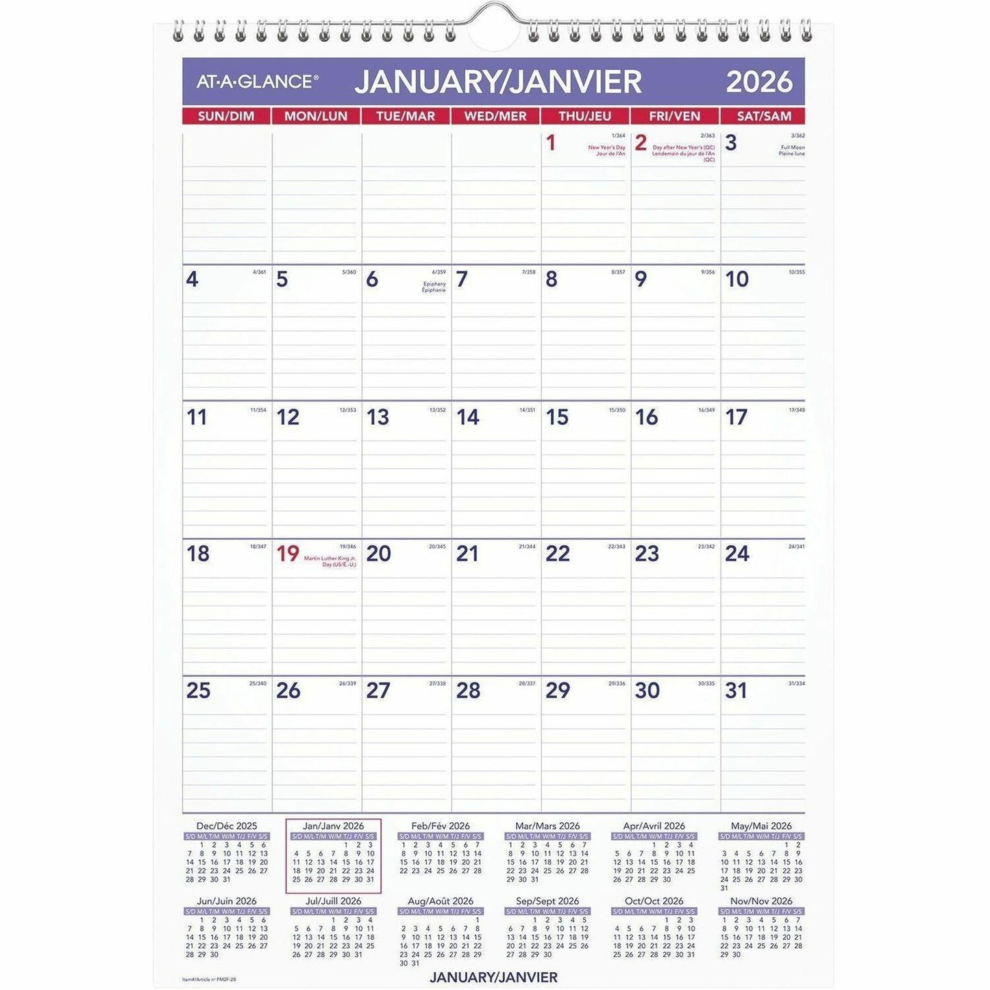 At-A-Glance Monthly Wall Calendar, 12" x 17" , Bilingual