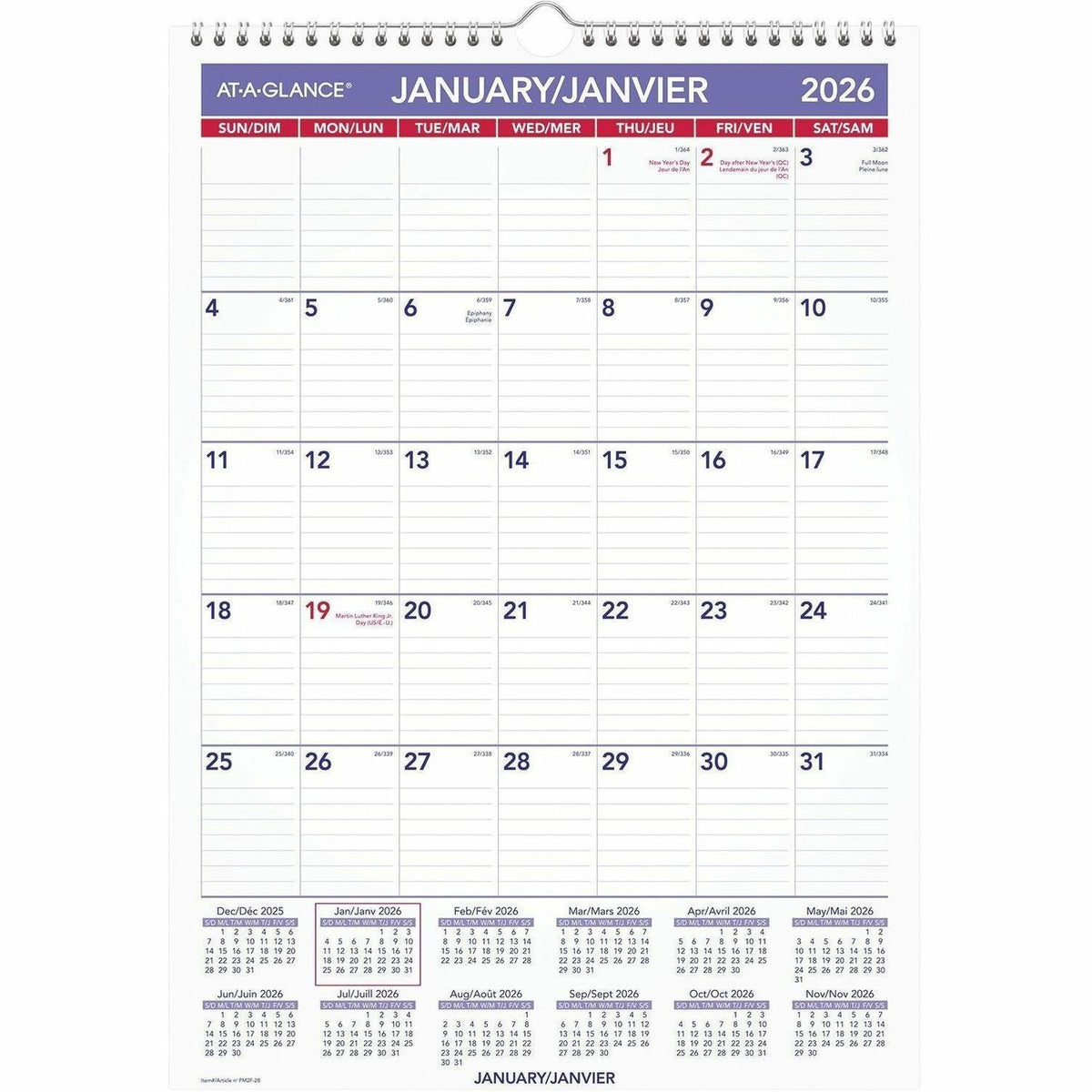 At-A-Glance Monthly Wall Calendar, 12" x 17" , Bilingual
