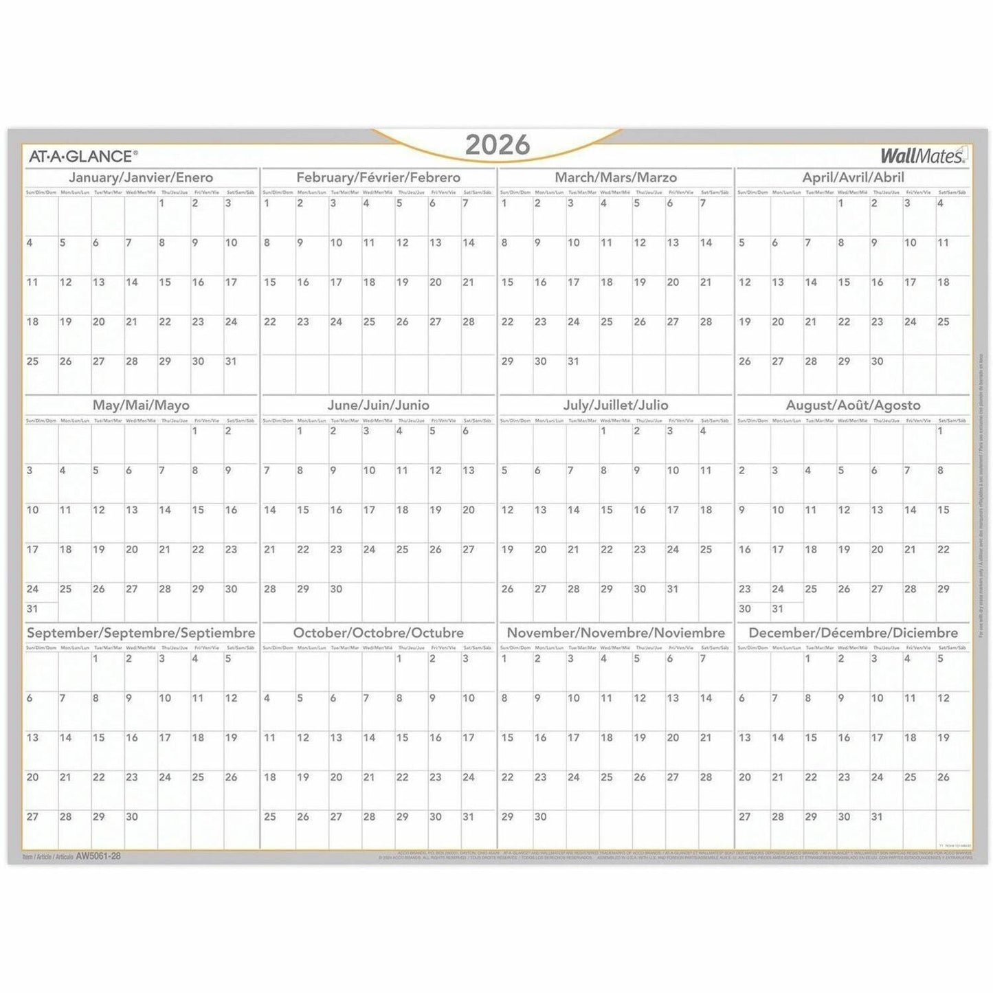 At-A-Glance WallMates Yearly Self-Adhesive Dry Erase Planning Surface, 24" x 18" , bilingual