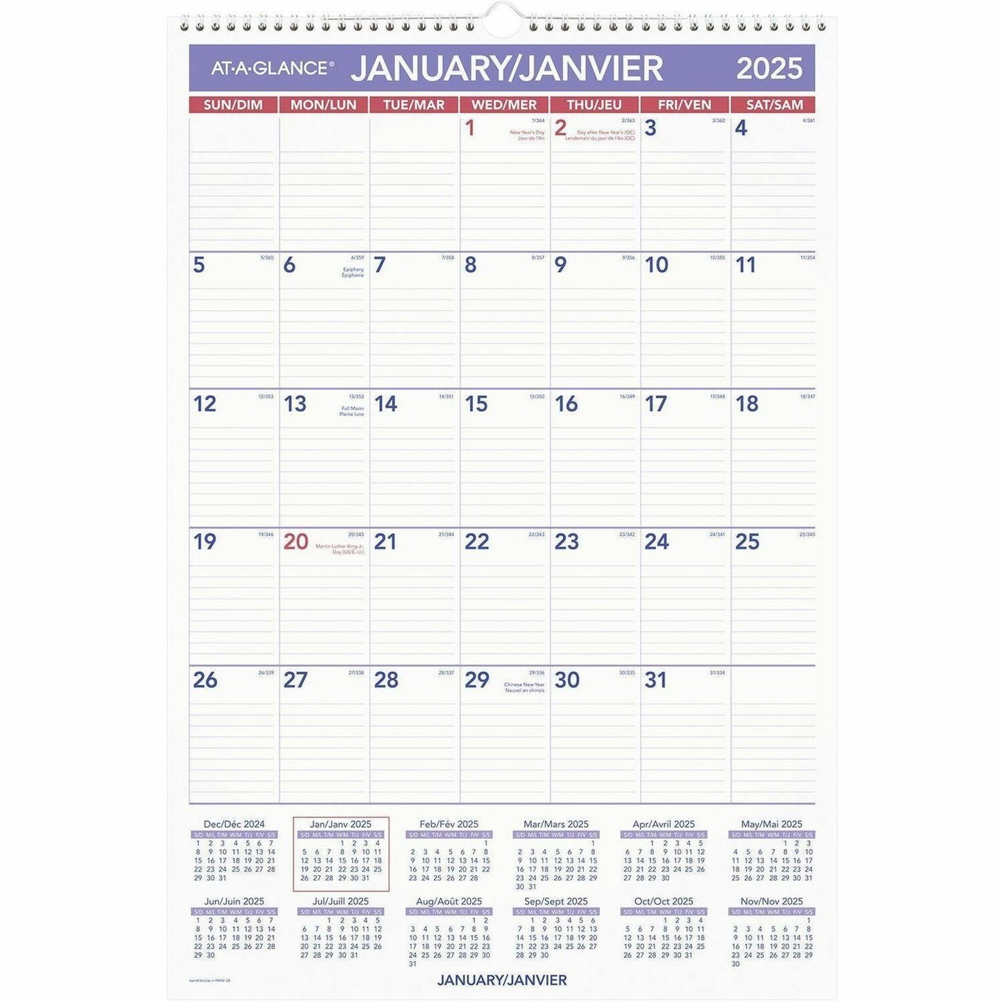 At-A-Glance Monthly Wall Calendar, 15-1/2" x 22-3/4" , Bilingual