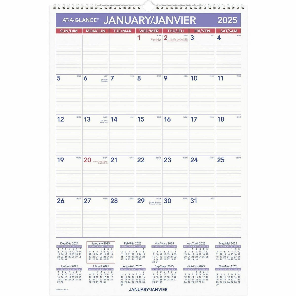 At-A-Glance Monthly Wall Calendar, 15-1/2" x 22-3/4" , Bilingual