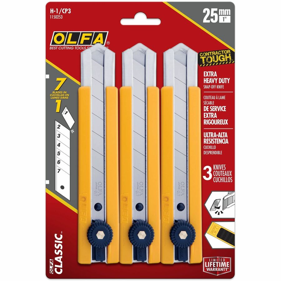 Olfa Classic Extra Heavy-Duty Ratchet-Lock Utility Knife with Anti-Slip Grip, 3-Pack - 1150253