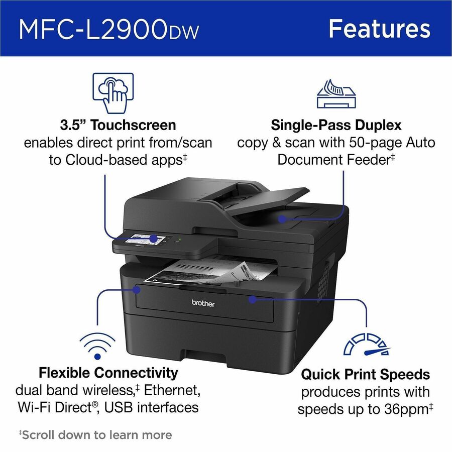Brother MFC-L2900DW Wired & Wireless Laser Multifunction Printer - Monochrome - MFCL2900DW