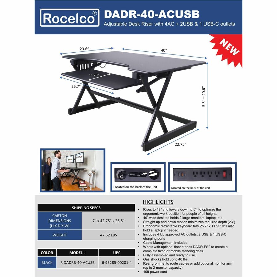Rocelco 40" Adjustable Desk Riser with 4AC, 2USB, 1 USB-C Outlets - RDADRB-40-ACUSB