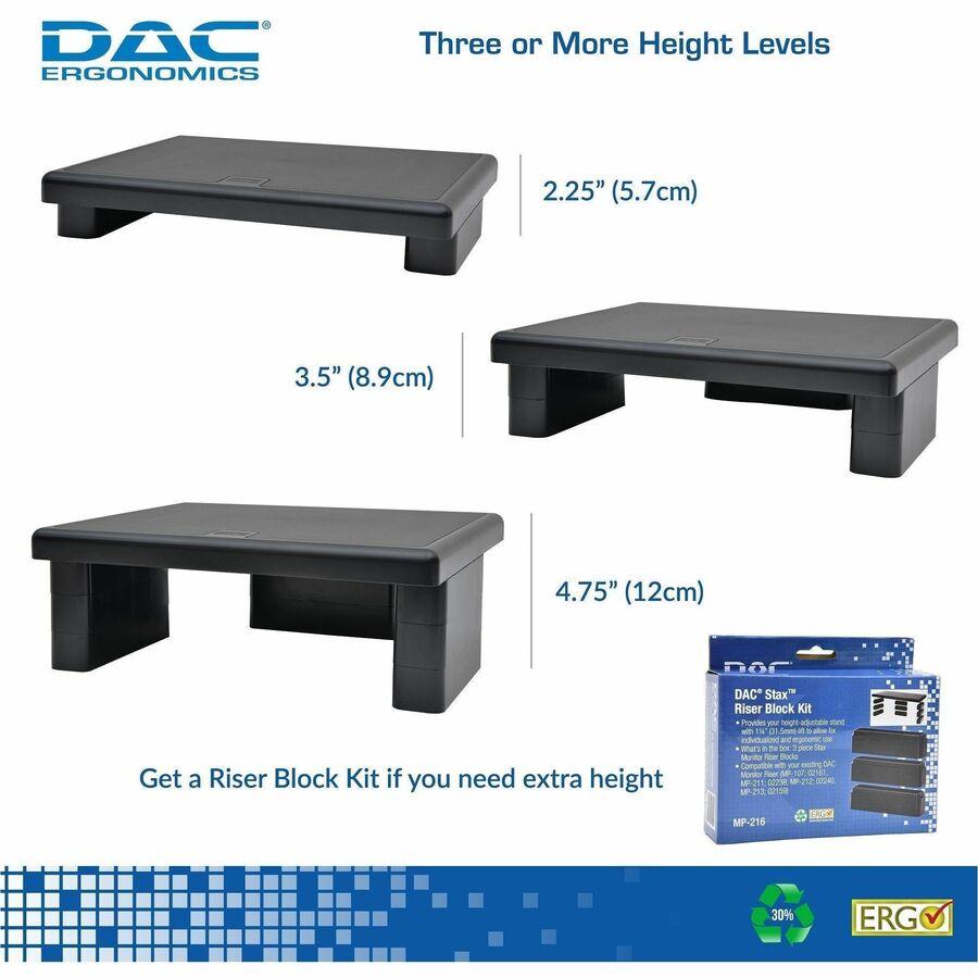 DAC® Stax MP-107x2 Ergonomic Height-Adjustable Monitor Riser/Laptop Stand, Black, 2 Pack - 02160