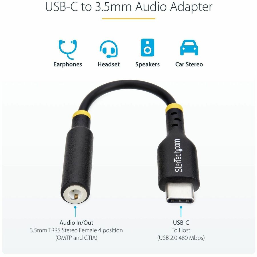 StarTech.com 5in (12.7cm) USB-C Audio Adapter to 3.5mm Headphone/Headset Jack, USB Type-C Aux Dongle, 32-bit DAC, For Laptop/Phone/Tablet - USBCAUDIO2