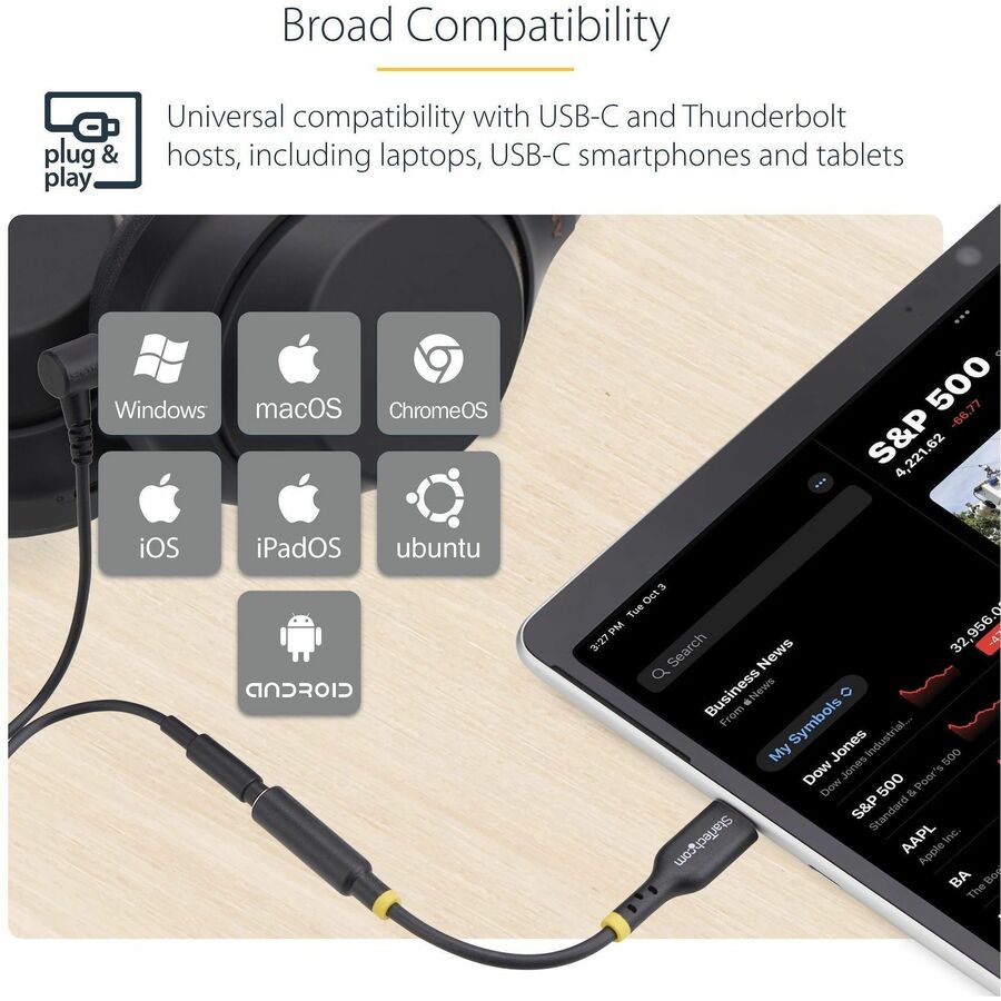 StarTech.com 5in (12.7cm) USB-C Audio Adapter to 3.5mm Headphone/Headset Jack, USB Type-C Aux Dongle, 32-bit DAC, For Laptop/Phone/Tablet - USBCAUDIO2