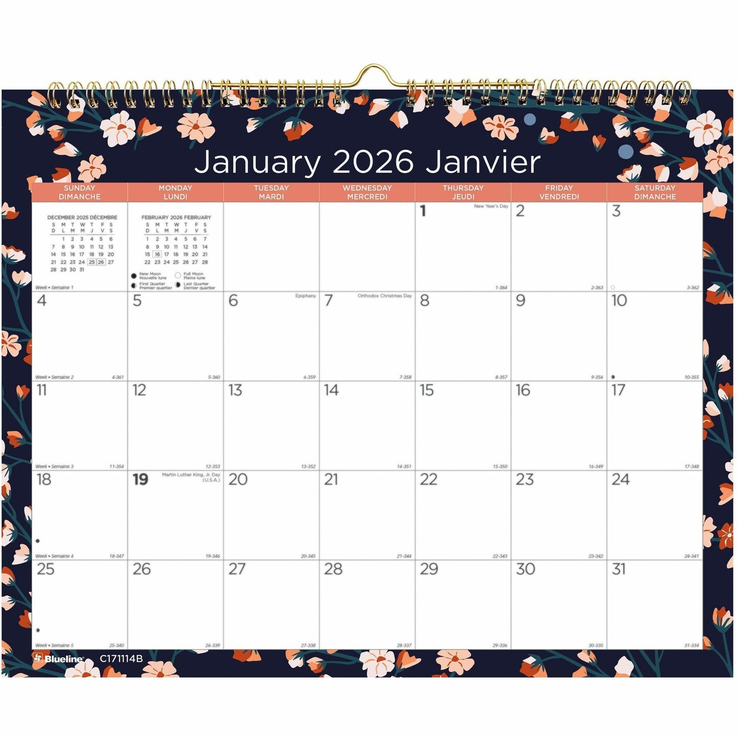 Blueline Twilight Floral Monthly Wall Calendar. 15" x 12" , Bilingual