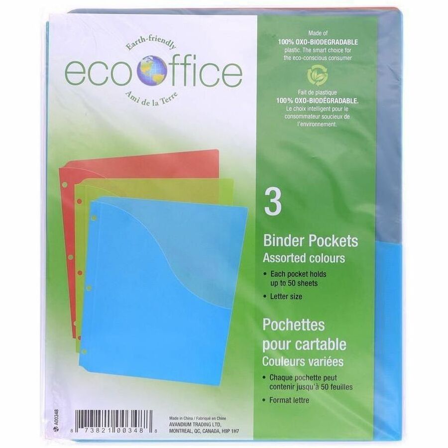 EcoOffice Poly Binder Pockets 3 Pack, Assorted