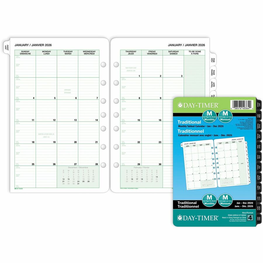 DayTimer 2 Pages Per Month Planner Refill, Desk Size, 8-1/2" x 5-1/2" , Bilingual - 685042601