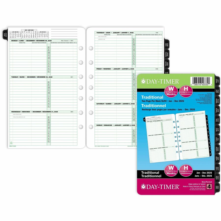 DayTimer 2 Pages Per Week Planner Refill, Desk Size, 8-1/2" x 5-1/2" , Bilingual - 685032601