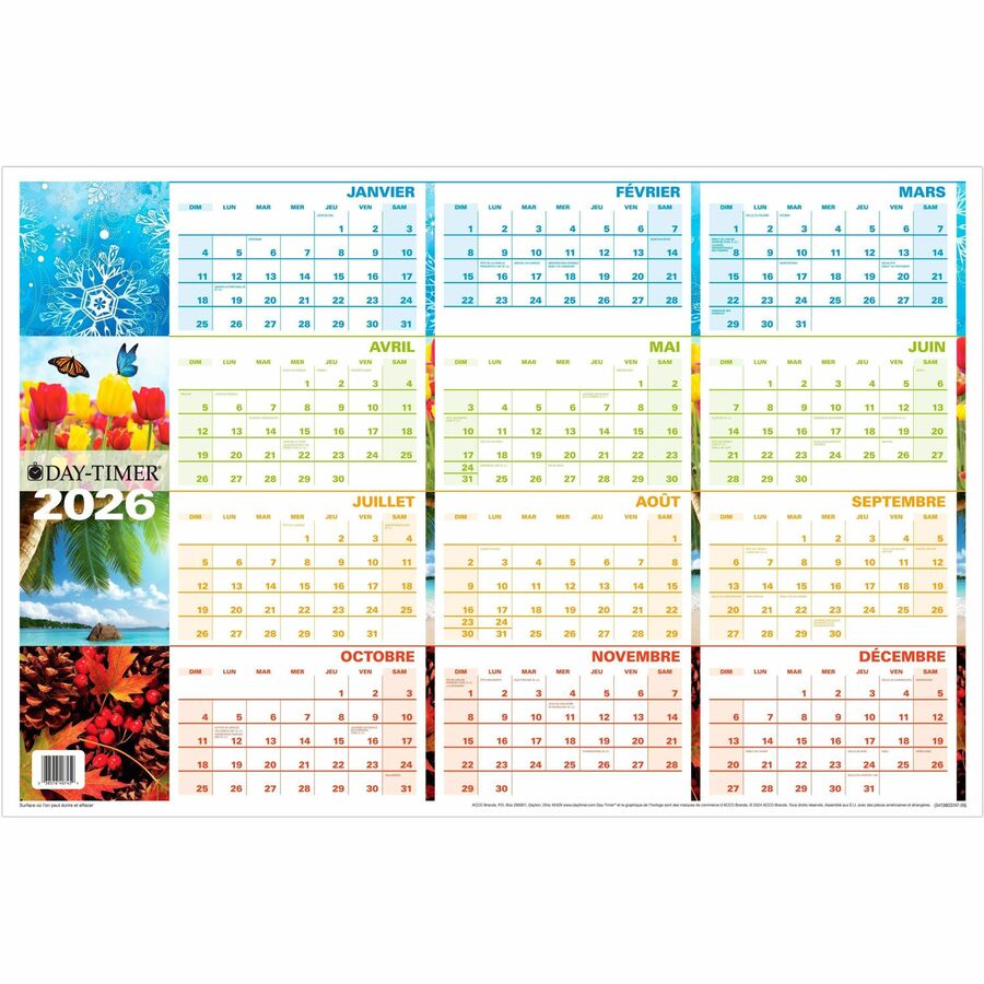 DayTimer Seasons Yearly Laminated Reversable Wall Calendar, 24" x 36" , English/French - 3413803747-26