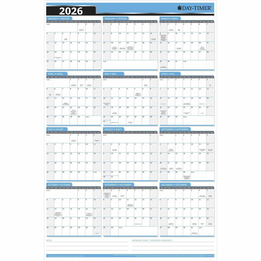DayTimer Yearly Laminated Reversable Wall Calendar, 24" x 36" , Bilingual - 3413803744-26