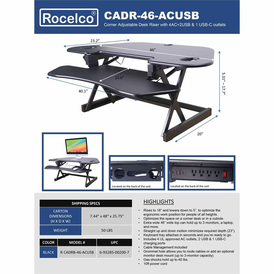 Rocelco Corner Adjustable Desk Riser with 4AC+2USB & 1 USB-C Outlets - R CADRB-46-ACUSB