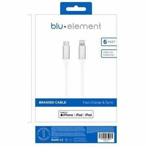 Blu Element BEC2CL6W Braided Charge/Sync USB-C to Lightning Cable 6ft White - 107-1610