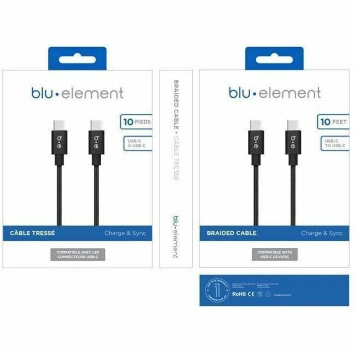 Blu Element BEC2C10B Braided Charge/Sync USB-C to USB-C Cable 10ft Black - 107-1523