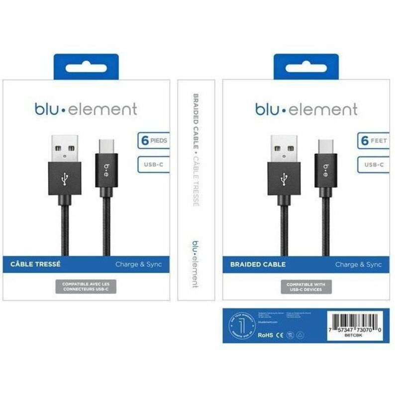 Blu Element B6TCBK Braided Charge/Sync USB-C to USB-A Cable 6ft Black - 107-1424