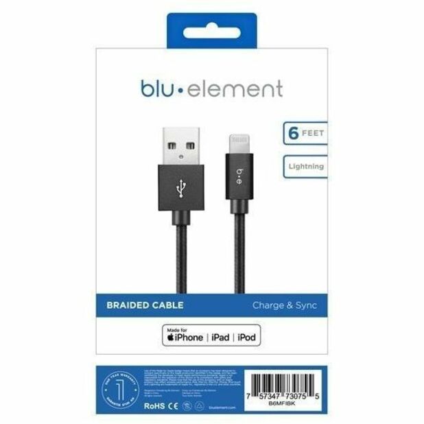 Blu Element B6MFIBK Braided Charge/Sync Lightning to USB-A Cable 6ft Black - 107-1419