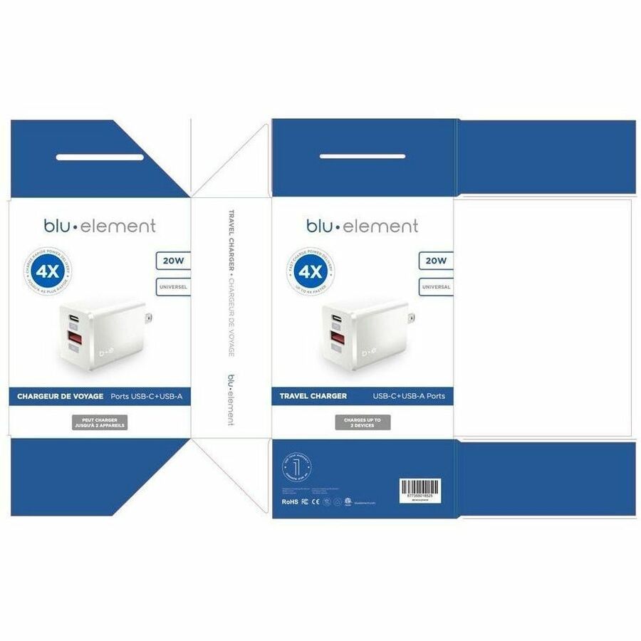 Blu Element BEWCA20WW Wall Charger Dual USB-C 20W PD and USB A White - 101-1469