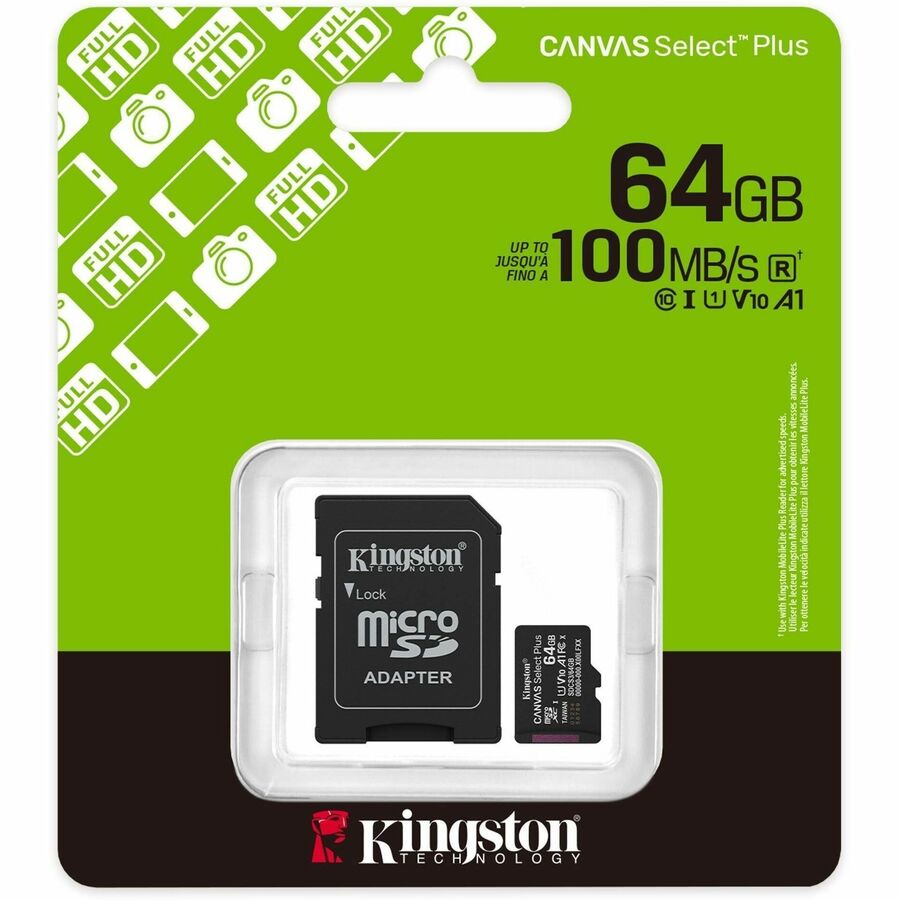 Kingston Canvas Select Plus 64 GB Class 10/UHS-I (U1) V10 microSDXC - 1 Each - SDCS3/64GB