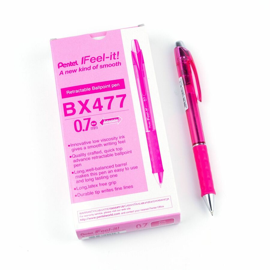 Pentel Feel-It! Retractable Ballpoint Pen, (0.7mm), Pink Ink - BX477-P