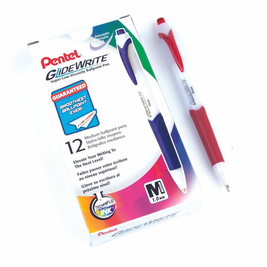Pentel GlideWrite Ballpoint Pen with TechnIFlo Ink, (1.0mm) Bold Point, Red Ink - BX910-B