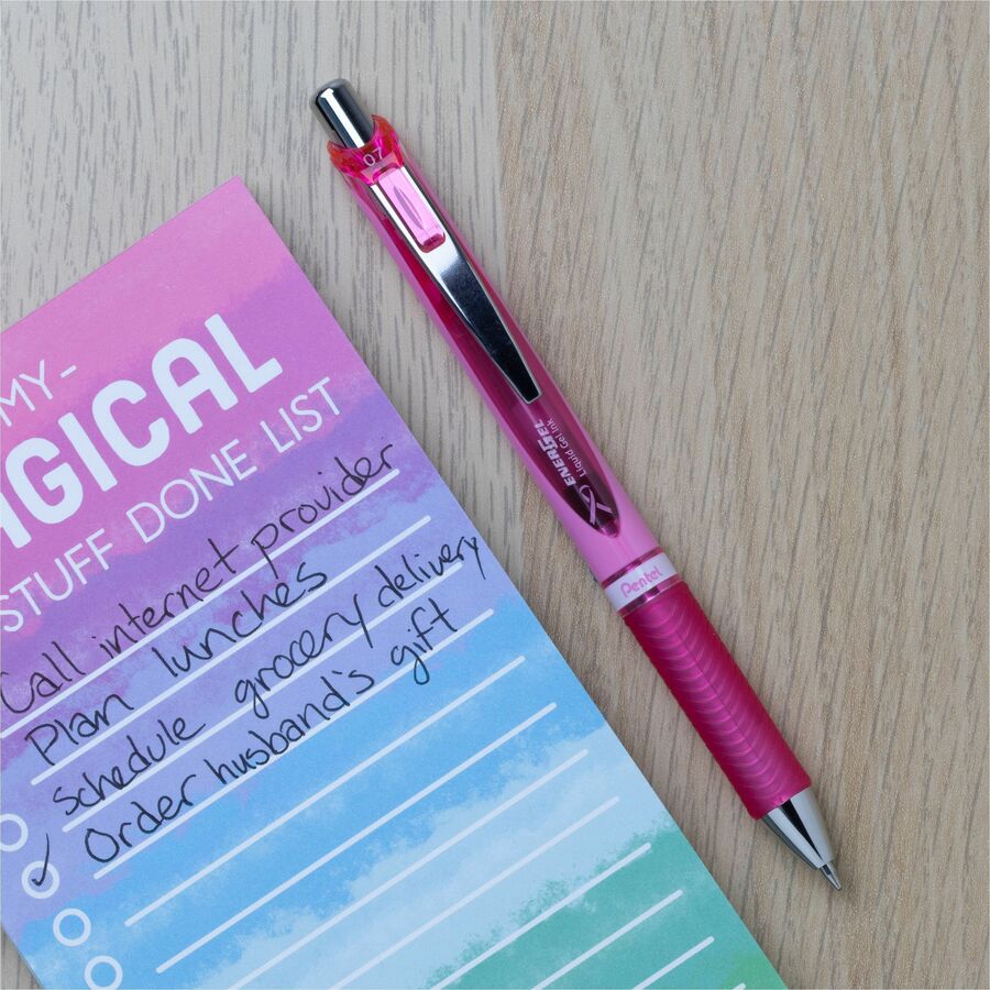 Pentel EnerGel Retractable Gel Roller, (0.7mm) Metal Tip, Pink Ribbon Barrel, Black Ink - BL77P-ABC