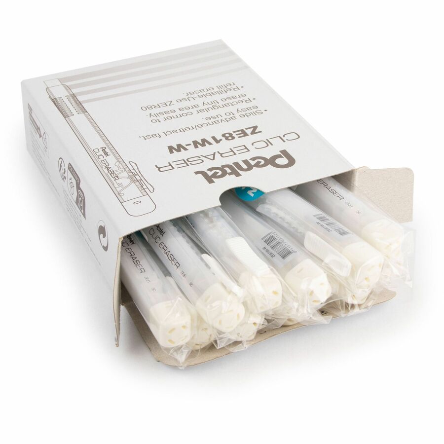 Pentel CLIC ERASER, Rectangular Retractable Eraser, White Transparent Barrel - ZE81W-W