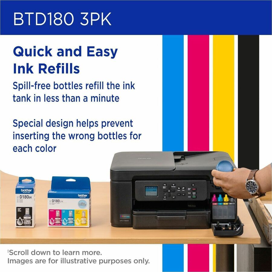 Brother Genuine BTD1803PK 3-Pack High Yield Cyan, Magenta, and Yellow Ink Bottles - BTD1803PKS